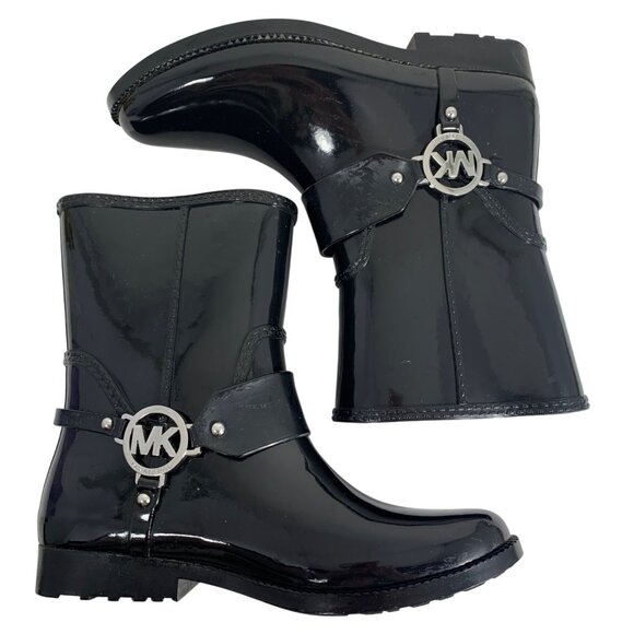 Michael Kors Fulton Harness Rain Booties Black Ankle Boots Womens SZ 7 Silver MK - Picture 3 of 8